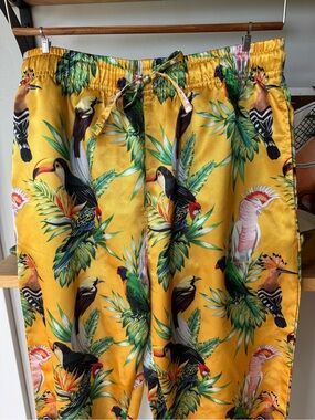 MAD Engine Yellow Tropical Bird Print Satin Joggers Pants Size Medium